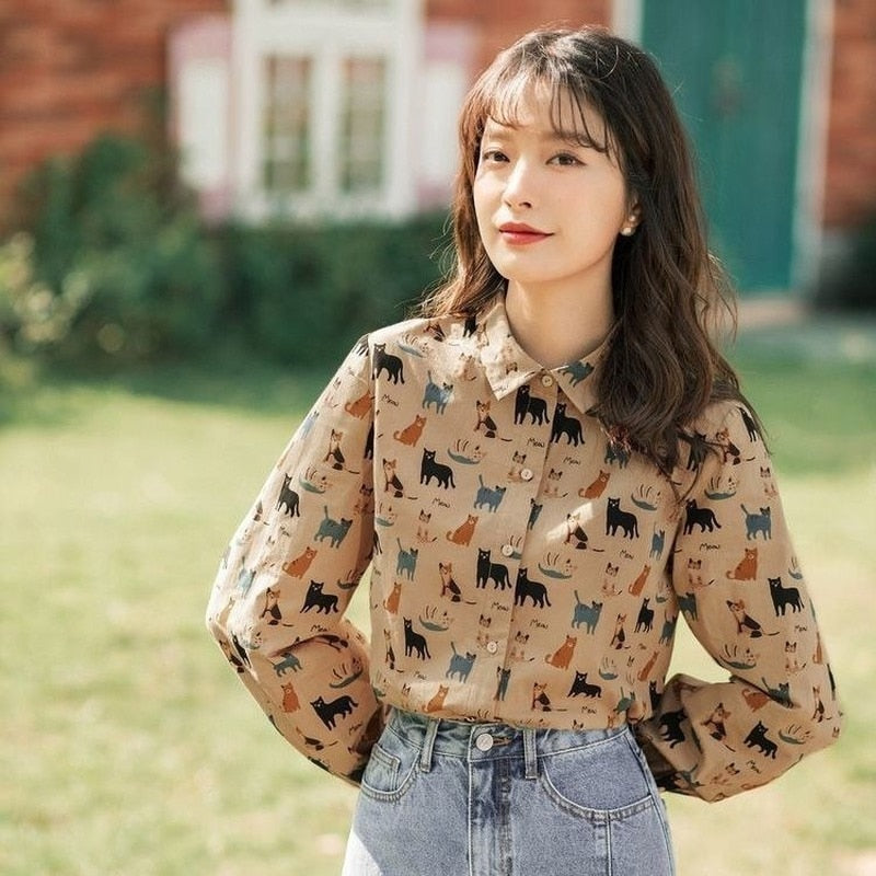 Camisa de manga larga con gatos vintage