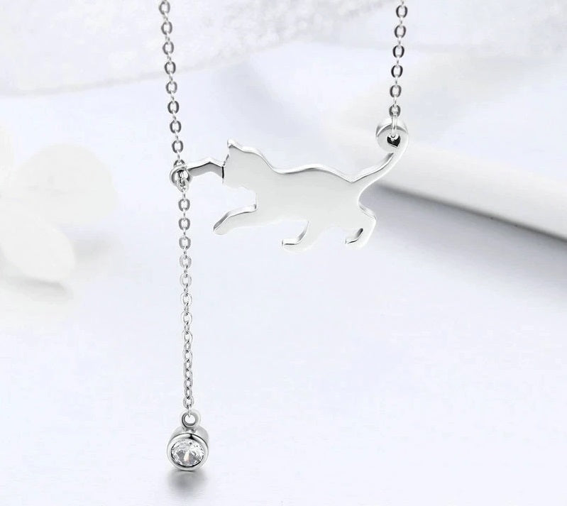 Silver Cat Playing Ball Necklace