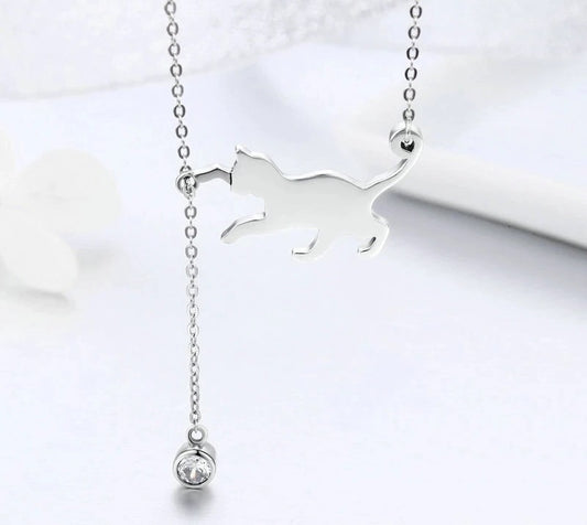 Silver Cat Playing Ball Necklace