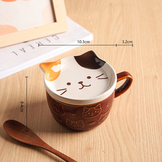 Taza de gato de cerámica con tapa/plato